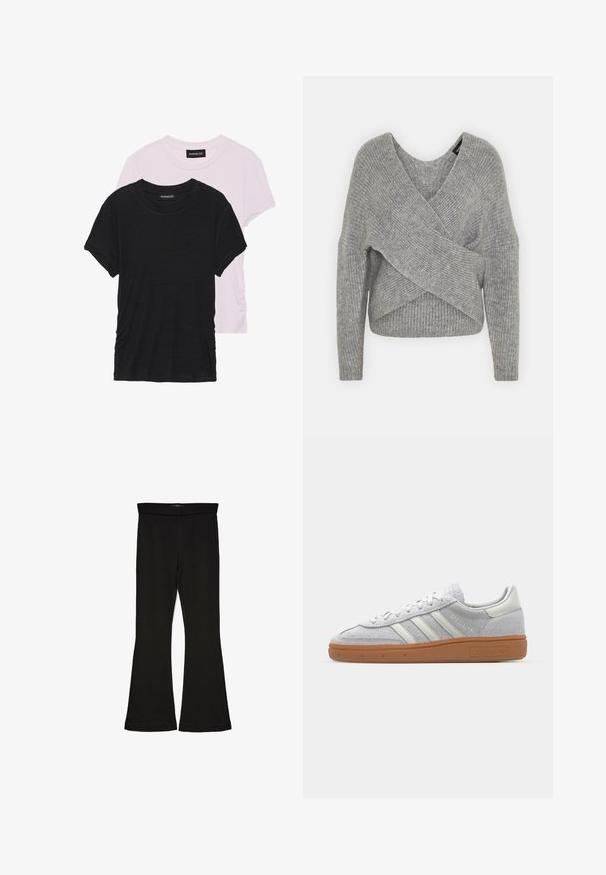 Šedý svetr s volnějším V-výstřihem, dlouhými rukávy a žebrovanou strukturou. Vyrobeno z měkké pleteniny s vrstveným, asymetrickým designem.; Dvě trička: jedno černé a jedno světle růžové. Obě mají kulaté výstřihy a krátké rukávy, jsou vyrobena z měkké, lehké tkaniny.; Černé legíny s rozšířením vyrobené z elastického materiálu. Mají široký pás a hladkou strukturu, s přiléhavým střihem, který se na lemu rozšiřuje.; Svetle šedé nubukové tenisky s bílými koženými akcenty, třemi bílými pruhy a hnědou gumovou podrážkou, s polstrovaným límcem pro pohodlí.