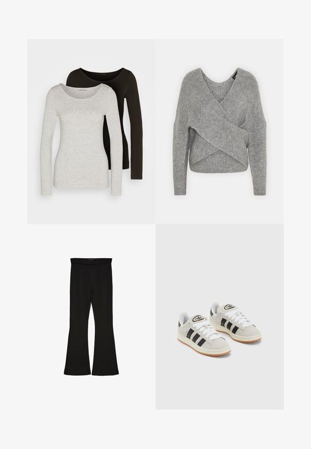 Grå indpakningssweater med dyb V-udskæring, lange ærmer og ribbet tekstur. Fremstillet i et blødt strikkemateriale med et lagdelt, asymmetrisk design.; To lange langærmede bluser, en grå og en sort, med en scoop halsudskæring. Stof ser blødt ud med en glat overflade og minimal detaljering.; Sorte flared leggings lavet af strækbart stof. Har en bred talje og en glat tekstur, med en tætsiddende silhuet der bredder sig ved sømmen.; Grå ruskinds sneakers med hvide snørebånd, sorte striber og en hvid gummisål. Har et rundt logo på tungen og en gummisål.