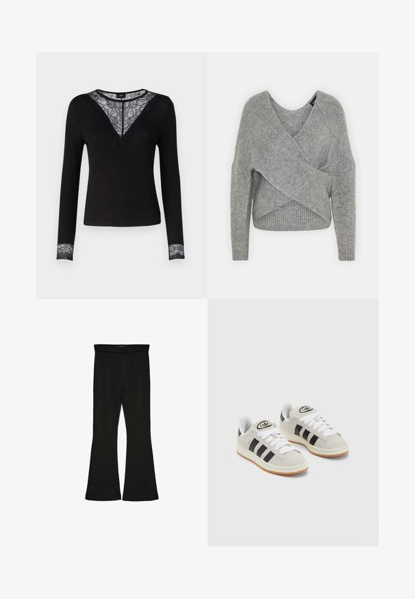 Sivý cardigan s hlbokým V- výstrihom, dlhými rukávmi a rebrovanou textúrou. Vyrobený z mäkkého pleteného materiálu s viacvrstvovým, asymetrickým dizajnom.; Čierne dlhé rukávy tričko s rebrovanou textúrou, s čipkovými detailmi na V-krku a čipkovými akcentmi na manžetách. Jednoduchý a priliehavý strih.; Čierne legíny s flared strihom vyrobené z elastického materiálu. Majú široký pás a hladkú textúru, s priliehavým siluetom, ktorý sa na okraji rozširuje.; Sivé semišové tenisky s bielymi šnúrkami, čiernymi pruhmi a bielou gumovou podrážkou. Obsahujú okrúhly logo na jazyku a gumenú podrážku.