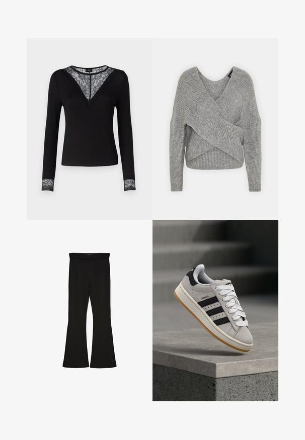 Pullover griș cu un decolteu adânc în V, mâneci lungi și textură cu ochiuri. Fabricat dintr-un material tricotat moale, cu un design stratificat și asimetric.; Top negru cu maneci lungi, dintr-un material texturat cu dungi, cu detalii din dantelă la decolteu în formă de V și accente din dantelă pe manșete. Design simplu și ajustat.; Leggings negre cu tiv evazat, realizate dintr-un material elastic. Au o talie largă și o textură fină, cu o siluetă ajustată care se lărgește la tiv.; Pantof sport gri Adidas Campus cu dungi negre și șireturi albe, plutind deasupra unei margini de beton, cu scări în fundal.