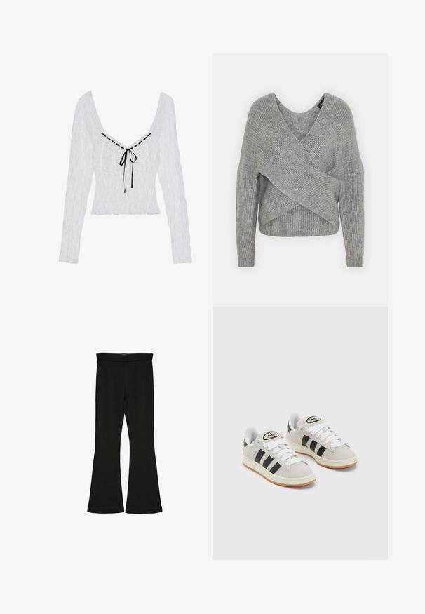 Gray wrap sweater with a deep V-neck, long sleeves, and ribbed texture. Made from a soft knit material with a layered, asymmetrical design.; White long-sleeve top featuring a textured fabric, deep V-neck, and a black ribbon tie at the center. Ruched bodice with flared hem.; Black flare leggings made from stretchy fabric. Features a wide waistband and a smooth texture, with a fitted silhouette that flares at the hem.; Gray suede sneakers with white laces, black stripes, and a white rubber sole. Features a circular logo on the tongue and a gum sole.