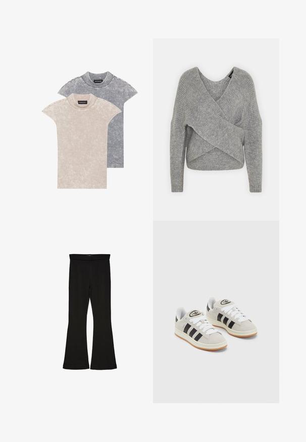 Hallide hallhargus, sügava V-kaelusega, pikkade varrukatega ja ribatrepiga. Valmistatud pehmest kudumismetallist, millel on kihiline, asümmeetriline disain.; Kaks lühikeste varrukatega T-särki heles beežis ja tumashallis, pehmest tekstureeritud kangast, ümmarguse kaelusega ja peente mustriga detailidega.; Mustad mustad sääred, mis on valmistatud venivast kangast. Omab laia vööd ja siledat tekstuuri, sobituv siluett, mis laieneb allservas.; Hallid hallid nahkrennid valgete paeltega, mustade triipudega ja valge kummitaldiga. Omab ümmargust logo keeles ja kummitalda.