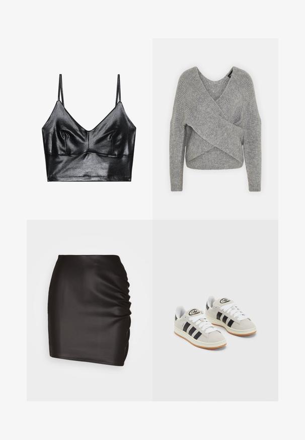 Szary sweter o luźnym kroju z głębokim dekoltem w kształcie litery V, długimi rękawami i prążkowaną teksturą. Wykonany z miękkiego materiału dzianinowego z warstwowym, asymetrycznym wzorem.; Czarny, błyszczący biustonosz typu bralette z cienkimi, regulowanymi ramiączkami, z dekoltem w kształcie litery V, gładką teksturą i subtelnym marszczeniem na biuście dla uzyskania kształtu.; Czarna mini spódnica wykonana z gładkiego materiału syntetycznego, z marszczonym wykończeniem z jednej strony i dopasowanym krojem.; Szare zamszowe trampki z białymi sznurówkami, czarnymi paskami i białą gumową podeszwą. Posiadają okrągłe logo na języku oraz gumową podeszwę.