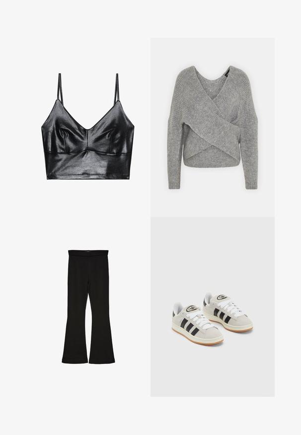 Grå omslagssweater med dyp V-hals, lange ermer og ribbestruktur. Laget av et mykt strikket materiale med et lagdelt, asymmetrisk design.; Svart, blank bralette med tynne justerbare stropper, med V-hals, glatt tekstur og subtil rynking ved bysten for form.; Sorte flared leggings laget av stretchy stoff. Har en bred midjebånd og en glatt tekstur, med en tettsittende silhuett som blir videre nedover.; Grå semsket sneakers med hvite lisser, svarte striper og en hvit gummisåle. Har en sirkulær logo på tungen og en gummisåle.