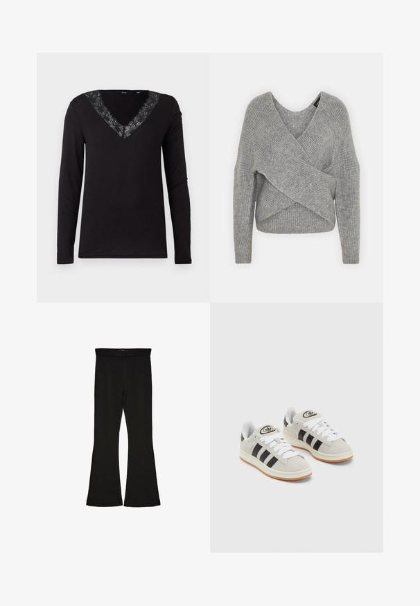 Pelēka apvalka džemperis ar dziļu V veida kakla izgriezumu, garām piedurknēm un ribu tekstūru. Izgatavots no mīksta adījuma materiāla ar slāņotu, asimetrisku dizainu.; Melna garām piedurknēm krekls ar V-veida kakla izgriezumu, kas rotāts ar ziedu mežģīnēm. Izgatavots no gluda, elastīga auduma ar standarta pielāgojumu.; Melnas flared leggings, kas izgatavotas no stiepjama auduma. Iezīmējas ar platu jostasvietu un gludu tekstūru, ar pieguļošu siluetu, kas paplašinās pie apakšmalas.; Pelēkas zamšādas kedas ar baltām saites, melnām svītrām un baltu gumijas zoli. Raksturīga apļa logo uz mēles un gumijas zole.
