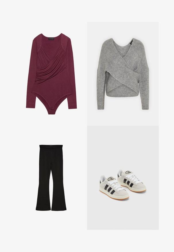 Pelēka apvalka džemperis ar dziļu V veida kakla izgriezumu, garām piedurknēm un ribu tekstūru. Izgatavots no mīksta adījuma materiāla ar slāņotu, asimetrisku dizainu.; Burgundijas krāsas garām piedurknēm bodijs ar apņemšanas dizainu un sakoppotu tekstūru priekšā, ar apaļu kakla izgriezumu un spiedpogu aizdari apakšā.; Melnas flared leggings, kas izgatavotas no stiepjama auduma. Iezīmējas ar platu jostasvietu un gludu tekstūru, ar pieguļošu siluetu, kas paplašinās pie apakšmalas.; Pelēkas zamšādas kedas ar baltām saites, melnām svītrām un baltu gumijas zoli. Raksturīga apļa logo uz mēles un gumijas zole.