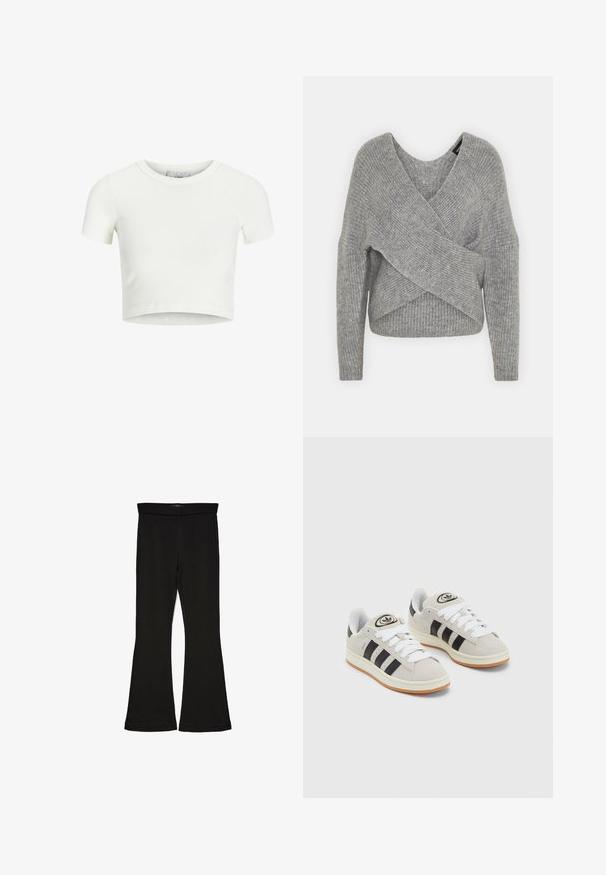 Pelēka apvalka džemperis ar dziļu V veida kakla izgriezumu, garām piedurknēm un ribu tekstūru. Izgatavots no mīksta adījuma materiāla ar slāņotu, asimetrisku dizainu.; Balta, īsa t-kreklas ar ribota auduma. Ar apaļo kakla izgriezumu un īsām piedurknēm. Gluda tekstūra un pieguļošs siluets.; Melnas flared leggings, kas izgatavotas no stiepjama auduma. Iezīmējas ar platu jostasvietu un gludu tekstūru, ar pieguļošu siluetu, kas paplašinās pie apakšmalas.; Pelēkas zamšādas kedas ar baltām saites, melnām svītrām un baltu gumijas zoli. Raksturīga apļa logo uz mēles un gumijas zole.