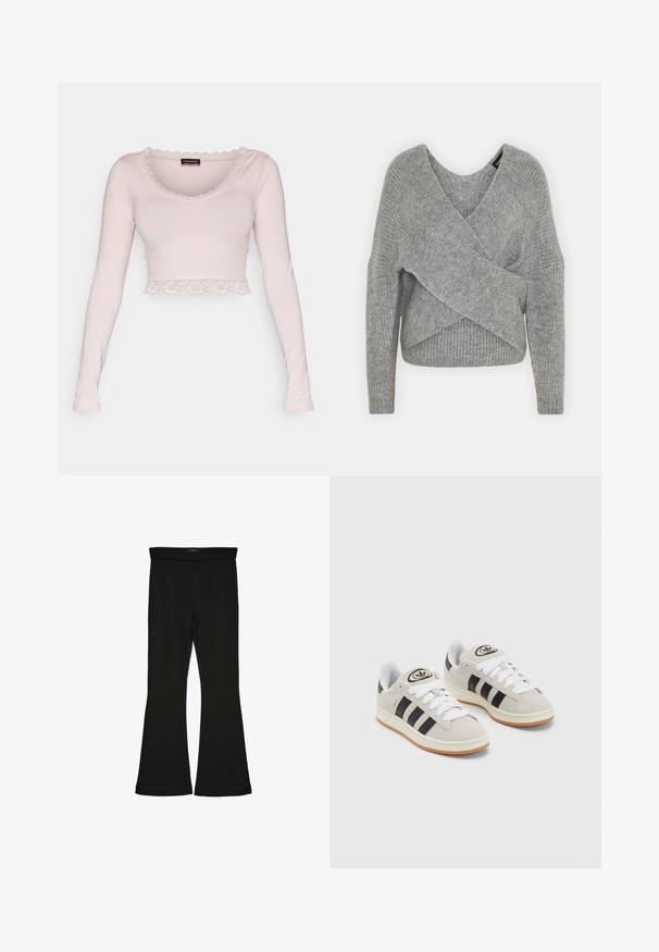 Harmaa neulejakku, jossa on syvä V-kaula-aukko, pitkät hihat ja ribboitu pinta. Valmistettu pehmeästä neuloksesta, jossa on kerroksellinen ja epäsymmetrinen muotoilu.; Pitkähiha, lyhennetty toppi pehmeää vaaleanpunaista puuvillaa. Vaatteessa on koristeellinen pitsisomiste kauluksessa ja helmassa, joka tuo siihen hienostuneen tekstuurin.; Mustat leveät legginsit, jotka on valmistettu joustavasta kankaasta. Niissä on leveä vyötärö ja sileä pinta, sekä vartalonmyötäinen leikkaus, joka levenee helmassa.; Harmaat mokkasiinikenkä, joissa on valkoiset nauhat, mustat raidat ja valkoinen kumipohja. Kantajassa on pyöreä logo ja vaaleanruskea pohja.