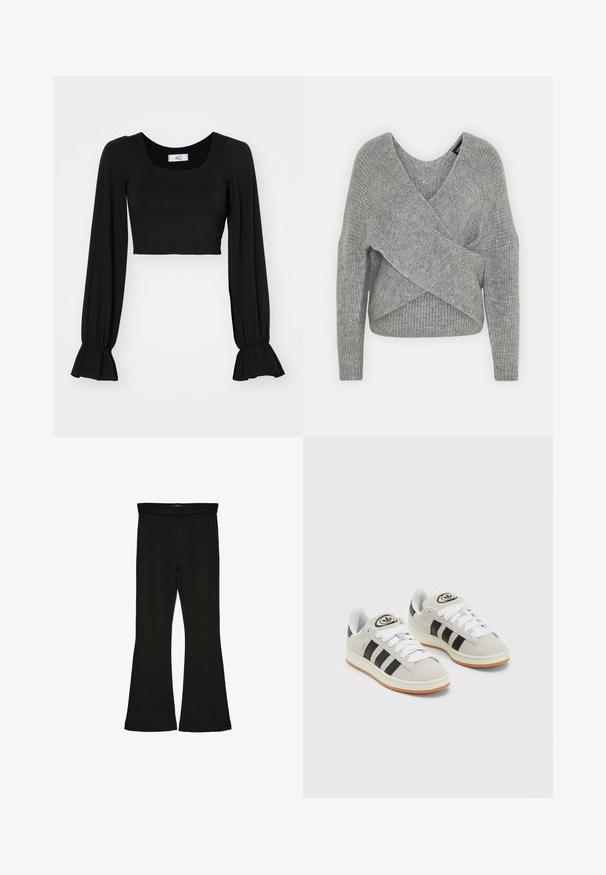 Grijze wikkeltrui met een diepe V-hals, lange mouwen en ribbelstructuur. Gemaakt van een zachte gebreide stof met een gelaagd, asymmetrisch ontwerp.; Zwart cropped top met een vierkante halslijn, lange poffende mouwen en geplooide manchetten. Gemaakt van zachte stof met een gladde textuur.; Zwarte flare leggings gemaakt van rekbaar materiaal. Beschikt over een brede tailleband en een zachte textuur, met een getailleerd silhouet dat uitloopt bij de zoom.; Grijze nubucklederen sneakers met witte veters, zwarte strepen en een witte rubberen zool. Bevat een rond logo op de tong en een gumzool.