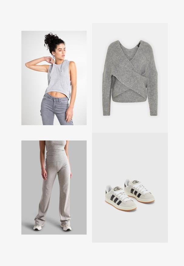 Grå indpakningssweater med dyb V-udskæring, lange ærmer og ribbet tekstur. Fremstillet i et blødt strikkemateriale med et lagdelt, asymmetrisk design.; Grå ærmeløs hættetrøje med en lomme foran, cropped design og snore; båret med grå tætsiddende jeans. Glat tekstur og afslappet stil.; Grå ribbet tanktop og matchende bukser lavet af strækbart materiale. Bukserne har en bred bunden design og er parret med lyse sneakers.; Grå ruskinds sneakers med hvide snørebånd, sorte striber og en hvid gummisål. Har et rundt logo på tungen og en gummisål.