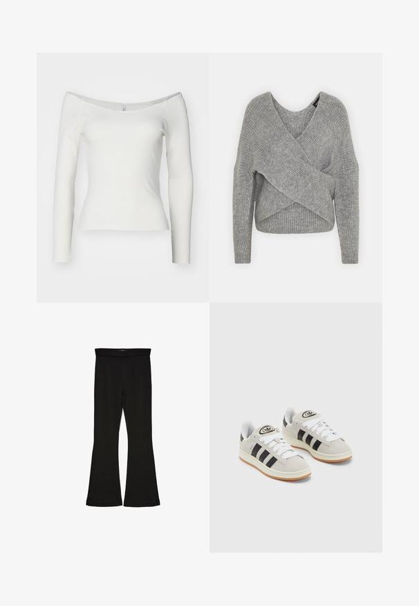 Szürke, mély V kivágású, hosszú ujjú kötött pulóver, bordás textúrával. Puha kötött anyagból készült, réteges, aszimmetrikus dizájnnal.; Fehér, vállig lecsúszott, hosszú ujjú felső, bordázott anyagból készült. Testhez simuló dizájn, sima textúrával és egyenes szegéllyel.; Fekete trapéz leggings rugalmas anyagból készült. Széles derékpánttal és sima textúrával rendelkezik, illeszkedő sziluettje van, amely a szegélyen kigyullad.; Szürke velúr sportcipők fehér fűzővel, fekete csíkokkal és fehér gumitalppal. A nyelvén kör alakú logó található, illetve a talpa színes gumi.