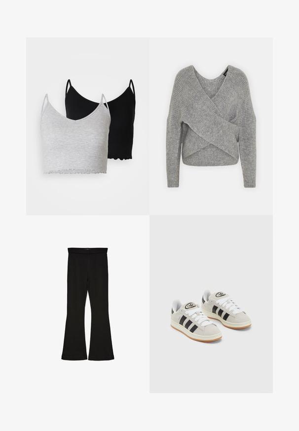 Gray wrap sweater with a deep V-neck, long sleeves, and ribbed texture. Made from a soft knit material with a layered, asymmetrical design.; Even&Odd 2 PACK - Top - black/light grey; Black flare leggings made from stretchy fabric. Features a wide waistband and a smooth texture, with a fitted silhouette that flares at the hem.; Gray suede sneakers with white laces, black stripes, and a white rubber sole. Features a circular logo on the tongue and a gum sole.