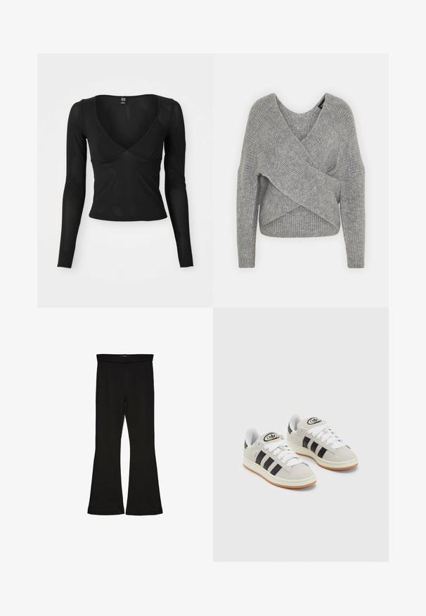 Gray wrap sweater with a deep V-neck, long sleeves, and ribbed texture. Made from a soft knit material with a layered, asymmetrical design.; Black long-sleeve top featuring a deep V-neckline, soft stretchy fabric, and scalloped edges at the sleeves and hem.; Black flare leggings made from stretchy fabric. Features a wide waistband and a smooth texture, with a fitted silhouette that flares at the hem.; Gray suede sneakers with white laces, black stripes, and a white rubber sole. Features a circular logo on the tongue and a gum sole.