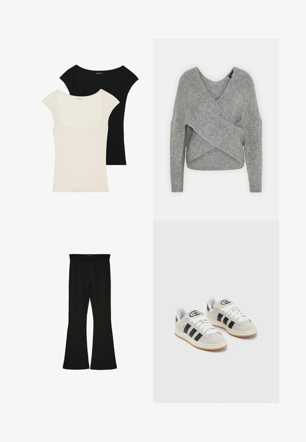 Grau umwickelter Pullover mit tiefem V-Ausschnitt, langen Ärmeln und gerippter Textur. Hergestellt aus einem weichen Strickmaterial mit einem geschichteten, asymmetrischen Design.; Zwei figurbetonte Kurzarmoberteile: eines in Schwarz und eines in Elfenbein. Beide haben einen quadratischen Ausschnitt und eine gerippte Textur mit einer glatten Oberfläche.; Schwarze Schlagleggings aus dehnbarem Stoff. Sie verfügen über einen breiten Bund und eine glatte Textur, mit einer enganliegenden Silhouette, die am Saum ausgestellt ist.; Graue Wildledersneaker mit weißen Schnürsenkeln, schwarzen Streifen und einer weißen Gummisohle. Merkmale sind ein kreisförmiges Logo auf der Zunge und eine Gummisohle.