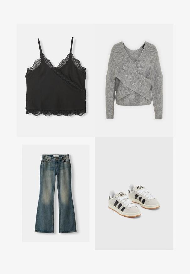 Šedý svetr s volnějším V-výstřihem, dlouhými rukávy a žebrovanou strukturou. Vyrobeno z měkké pleteniny s vrstveným, asymetrickým designem.; Černá tílko s nastavitelnými ramínky, vyrobené z měkkého materiálu, s krajkovým volánkem podél výstřihu a lemu.; Modré zvonové džíny se zesvětleným práním, pěti kapsami a zapínáním na knoflík. Materiál vykazuje denimovou strukturu s jemnými detaily šití.; Šedé semišové tenisky s bílými tkaničkami, černými pruhy a bílou gumovou podrážkou. Mají kulaté logo na jazyku a gumovou podrážku.