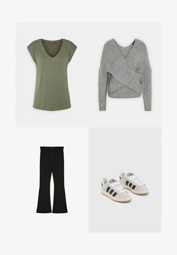 Pilkas aptraukiamas megztinis su giliu V formos iškirpimu, ilgomis rankovėmis ir riešutiniu tekstūru. Pagamintas iš minkštos megztos medžiagos su sluoksniuota, asimetrine konstrukcija.; Alyvuogių žalios spalvos V formos iškirptės marškinėliai, pagaminti iš minkštos, lengvos medžiagos. Trumpi rankovės su laisvu kirpimu ir tiesiu hemu. Be raštų ar akcentų.; Juodos flared tipo legginsai, pagaminti iš tamprios medžiagos. Yra platus juosmuo ir lygus paviršius, su prie kūno priglundančiu siluetu, kuris pločiasi ties apatine dalimi.; Grynos zomšos sneakeriai su baltais raišteliais, juodomis juostelėmis ir balta gumine sole. Turintys apskritą logotipą ant liežuvėlio ir guminę sole.