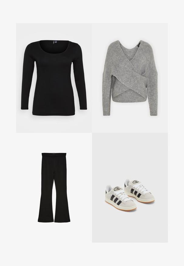 Grijze wikkeltrui met een diepe V-hals, lange mouwen en ribbelstructuur. Gemaakt van een zachte gebreide stof met een gelaagd, asymmetrisch ontwerp.; Zwarte langemouwtop met een scoophals, gemaakt van gladde stof met minimale stikdetails. Aansluitende vorm, geen patronen of versieringen.; Zwarte flare leggings gemaakt van rekbaar materiaal. Beschikt over een brede tailleband en een zachte textuur, met een getailleerd silhouet dat uitloopt bij de zoom.; Grijze nubucklederen sneakers met witte veters, zwarte strepen en een witte rubberen zool. Bevat een rond logo op de tong en een gumzool.