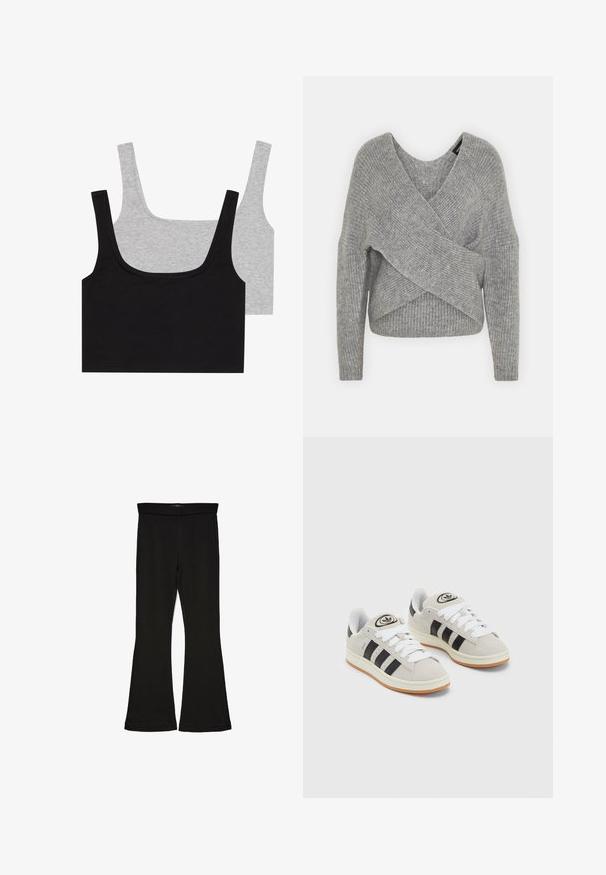 Pullover griș cu un decolteu adânc în V, mâneci lungi și textură cu ochiuri. Fabricat dintr-un material tricotat moale, cu un design stratificat și asimetric.; Două topuri din amestec de bumbac: unul negru și unul gri, amândouă cu textură ribbată și bretele late, având un decolteu conic și o potrivire confortabilă.; Leggings negre cu tiv evazat, realizate dintr-un material elastic. Au o talie largă și o textură fină, cu o siluetă ajustată care se lărgește la tiv.; Adidași din suede gri cu șireți albi, dungi negre și talpă din cauciuc alb. Prezintă un logo circular pe limbă și o talpă din cauciuc.