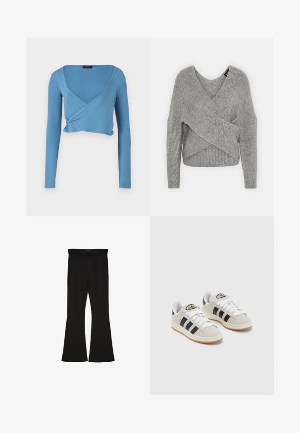 Grå omslagssweater med dyp V-hals, lange ermer og ribbestruktur. Laget av et mykt strikket materiale med et lagdelt, asymmetrisk design.; Lyseblå cropped langermet topp med v-hals og innpakningsdesign, laget av ribbestrikket stoff. Har en rynket detalj i midjen.; Sorte flared leggings laget av stretchy stoff. Har en bred midjebånd og en glatt tekstur, med en tettsittende silhuett som blir videre nedover.; Grå semsket sneakers med hvite lisser, svarte striper og en hvit gummisåle. Har en sirkulær logo på tungen og en gummisåle.