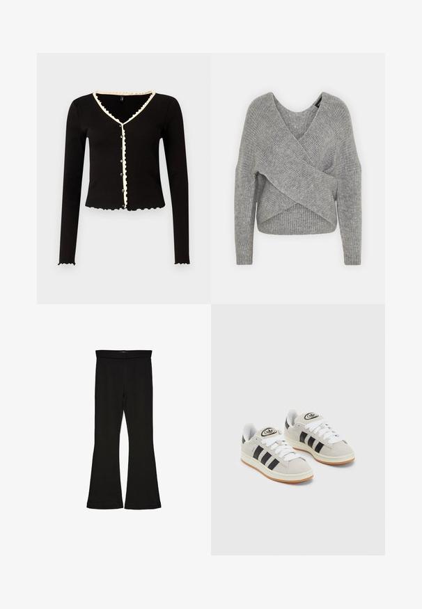 Gray wrap sweater with a deep V-neck, long sleeves, and ribbed texture. Made from a soft knit material with a layered, asymmetrical design.; Black ribbed cardigan with long sleeves, scalloped edges, and a cream trim along the neckline and button placket. Features front buttons.; Black flare leggings made from stretchy fabric. Features a wide waistband and a smooth texture, with a fitted silhouette that flares at the hem.; Gray suede sneakers with white laces, black stripes, and a white rubber sole. Features a circular logo on the tongue and a gum sole.
