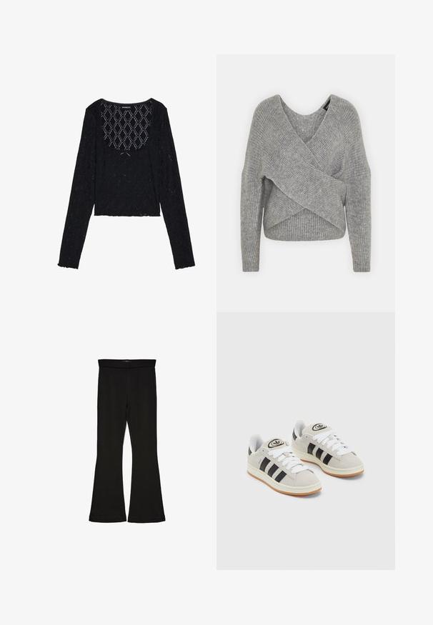 Grau umwickelter Pullover mit tiefem V-Ausschnitt, langen Ärmeln und gerippter Textur. Hergestellt aus einem weichen Strickmaterial mit einem geschichteten, asymmetrischen Design.; Schwarzes, langärmeliges, gekürztes Oberteil aus strukturiertem Spitzenstoff mit einem Diamantmuster und einem Rundhalsausschnitt. Hat fransige Kanten.; Schwarze Schlagleggings aus dehnbarem Stoff. Sie verfügen über einen breiten Bund und eine glatte Textur, mit einer enganliegenden Silhouette, die am Saum ausgestellt ist.; Graue Wildledersneaker mit weißen Schnürsenkeln, schwarzen Streifen und einer weißen Gummisohle. Merkmale sind ein kreisförmiges Logo auf der Zunge und eine Gummisohle.