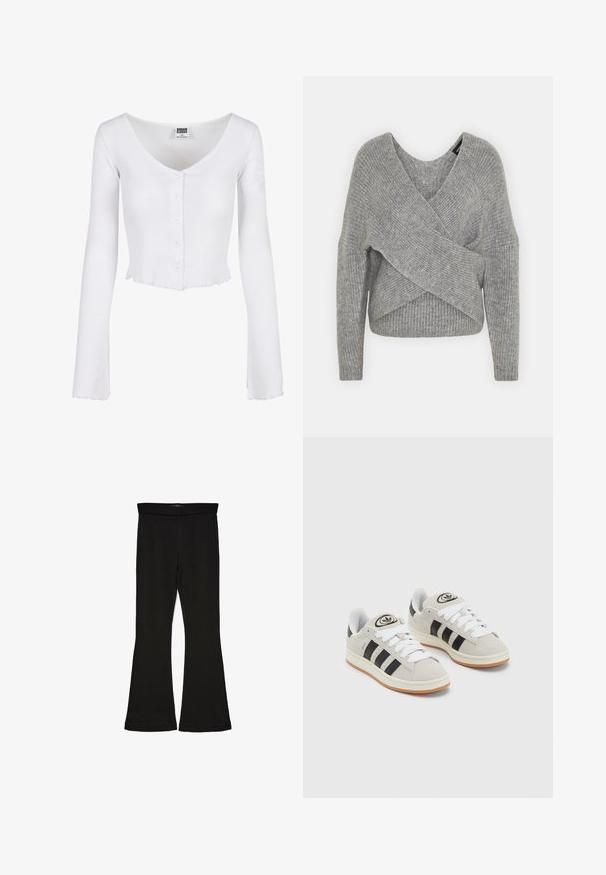 Grijze wikkeltrui met een diepe V-hals, lange mouwen en ribbelstructuur. Gemaakt van een zachte gebreide stof met een gelaagd, asymmetrisch ontwerp.; Witte geribbelde langemouwen crop top met een diepe V-hals, knoopdetails aan de voorkant en een geschulpte zoom. Gemaakt van zachte, rekbare stof.; Zwarte flare leggings gemaakt van rekbaar materiaal. Beschikt over een brede tailleband en een zachte textuur, met een getailleerd silhouet dat uitloopt bij de zoom.; Grijze nubucklederen sneakers met witte veters, zwarte strepen en een witte rubberen zool. Bevat een rond logo op de tong en een gumzool.