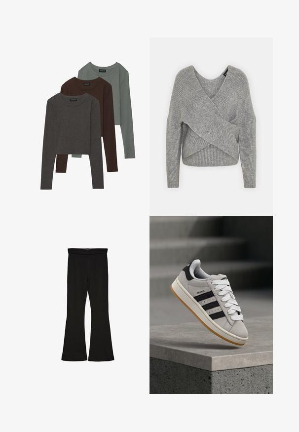 Suéter gris envolvente con un profundo escote en V, mangas largas y textura acanalada. Fabricado con un material de punto suave y un diseño asimétrico en capas.; Even&Odd 3 PACK - Camiseta de manga larga - brown/dark grey /dark green; Leggings negros de campana hechos de una tela elástica. Con una cinturilla ancha y una textura suave, presentan una silueta ajustada que se ensancha en el dobladillo.; Zapatilla Adidas Campus gris con rayas negras y cordones blancos flotando sobre un borde de hormigón con escaleras al fondo.