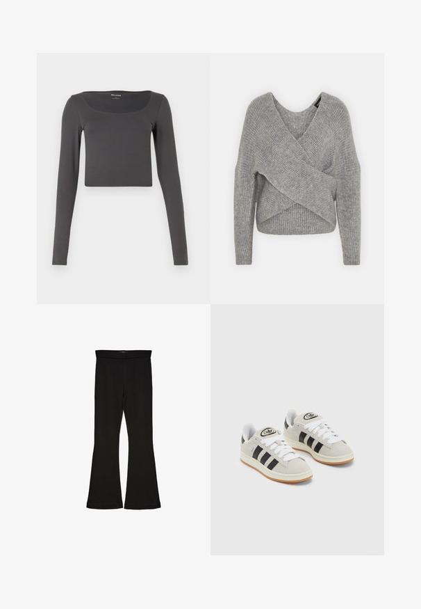 Gray wrap sweater with a deep V-neck, long sleeves, and ribbed texture. Made from a soft knit material with a layered, asymmetrical design.; Long-sleeve, cropped top in dark gray, made of soft fabric. Features a wide neckline and fitted design, with no visible patterns or accents.; Black flare leggings made from stretchy fabric. Features a wide waistband and a smooth texture, with a fitted silhouette that flares at the hem.; Gray suede sneakers with white laces, black stripes, and a white rubber sole. Features a circular logo on the tongue and a gum sole.