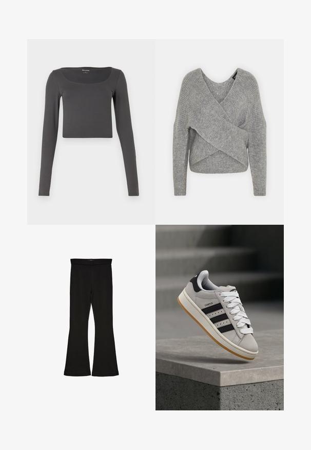 Pilkas aptraukiamas megztinis su giliu V formos iškirpimu, ilgomis rankovėmis ir riešutiniu tekstūru. Pagamintas iš minkštos megztos medžiagos su sluoksniuota, asimetrine konstrukcija.; Ilgais rankovės, trumpas švarkelis tamsiai pilkos spalvos, pagamintas iš minkštos medžiagos. Turi plačią apykaklę ir prigludusią siluetą, be matomų raštų ar akcentų.; Juodos flared tipo legginsai, pagaminti iš tamprios medžiagos. Yra platus juosmuo ir lygus paviršius, su prie kūno priglundančiu siluetu, kuris pločiasi ties apatine dalimi.; Pilka Adidas Campus sportinio batelio su juodomis juostelėmis ir baltais batraiščiais, plūduriuojančio virš betoninės pakylos su laiptais fone.