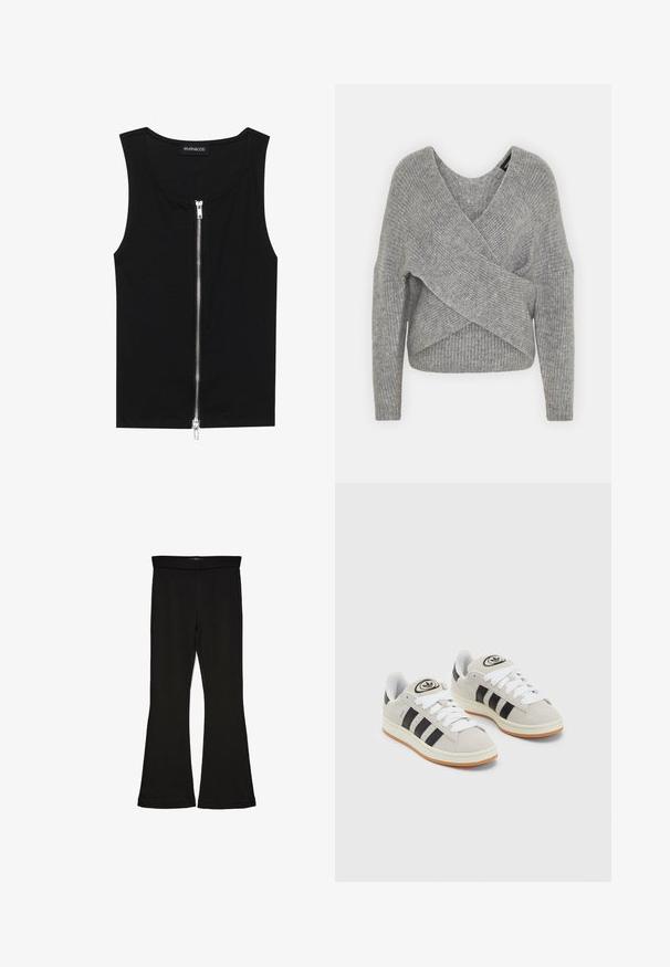 Siva ovitek pulover z globokim V-izrezom, dolgimi rokavi in ribasto teksturo. Narejen iz mehke pletene tkanine z plastnim, asimetričnim dizajnom.; Črna brezrokavna majica iz rebraste tkanine, s sprednjim zadrgo, okroglim izrezom in ravnim robom. Enostaven dizajn brez vzorcev.; Črne flare leggings iz raztegljive tkanine. Imajo širok pas in gladko teksturo, s prilegajočo silhueto, ki se na robu razširi.; Sive športne čevlje iz semiša z belimi vezalkami, črnimi črtami in belim gumijastim podplatom. Imajo okroglo oznako na ježku in podplat iz gume.