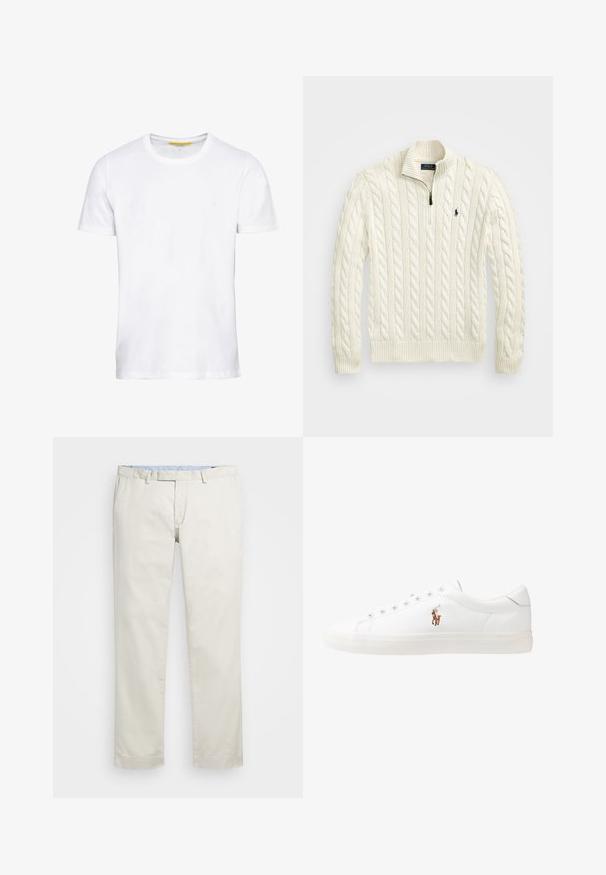 Cremfarbener Strickpullover mit Halb-Zip-Kragen und geripptem Saum. Verfügt über ein kleines Emblem auf der linken Brust. Material aus Baumwollmischung.; Weißes T-Shirt mit kurzen Ärmeln aus Baumwolle, mit Rundhalsausschnitt, geradem Schnitt und einem kleinen Logo-Detail auf der Vorderseite.; Beige Baumwollchinos mit flachem Bund, Gürtelschlaufen und Seitentaschen. Gerades Bein-Design mit glatter Textur und leichtem, atmungsaktivem Tragegefühl.; Weiße Leder-Sneaker, niedrig geschnitten, mit glatter Textur, runder Zehenpartie, Schnür vorne und kleinem gesticktem Logo an der Seite.