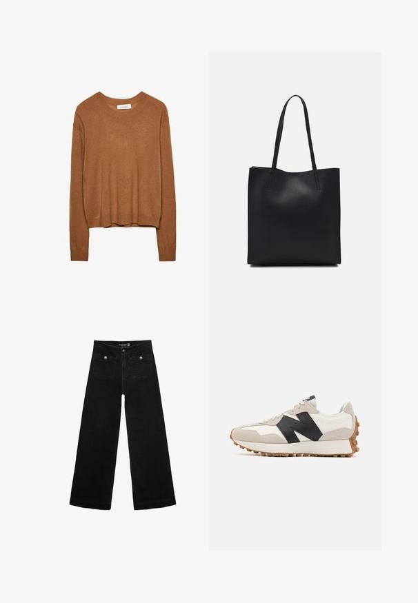 Brązowy sweter dzianinowy z długim rękawem, okrągłym dekoltem oraz ściągaczami na rękawach i u dołu, oznaczony marką Stradivarius.; Czarne, szerokie dżinsy z wysokim stanem, z dwoma przednimi kieszeniami i metalowymi guzikami. Tkanina ma gładką fakturę.; Buty do biegania z białą i beżową górą wykonaną z zamszu i skóry, z dużym czarnym logo, gumową podeszwą i teksturowanymi akcentami.; Czarna skórzana torba tote o gładkiej fakturze, prostokątnym kształcie i dwóch długich uchwytach. Brak widocznych elementów metalowych i ozdób.