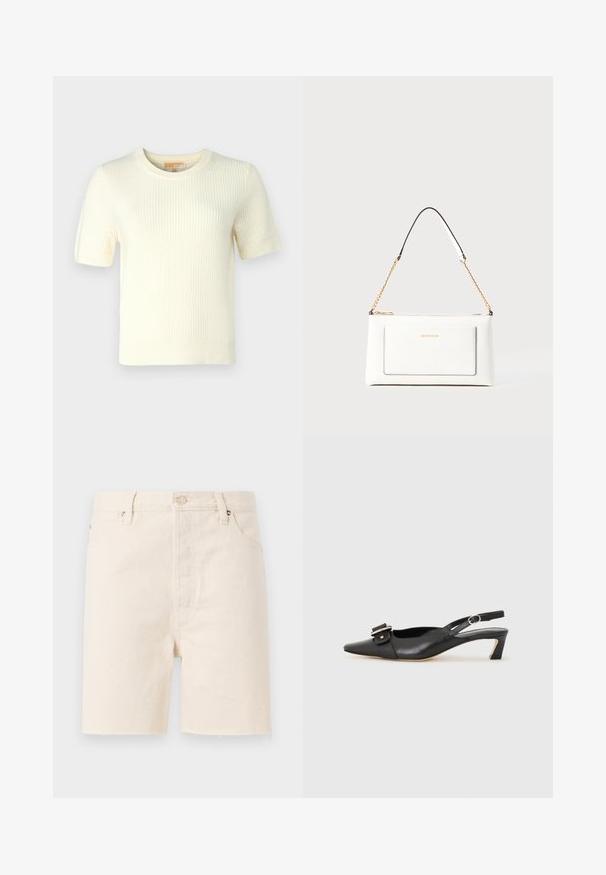 Lühikeste varrukatega kreemivärvi kudum, millel on soonikkoes, ümar kaelus ja veidi lühike lõige, omades puhtaid ja minimalistlikke jooni.; Bežid denim lühikesed püksid otse lõikega, millel on nuppude sulgemine, vöörihmade augud ja narmendav serv. Viie-tasku disain.; Must must nahk slingback kingad terava varbaga, väikese kontsaga ja dekoratiivse pandlaga ülaosas. Sile tekstuur, minimalistlik disain.; Valge nahast kott tekstureeritud viimistlusega, millel on kuldne kettling ja mustad aktsendid. Include eesmine tasku ja tõmblukk.
