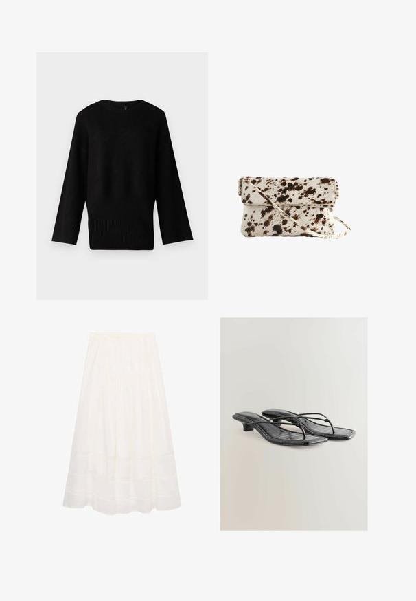 Suéter negro de punto con un escote amplio y redondo, mangas largas y dobladillo acanalado. La textura parece suave y ligeramente elástica.; Camisa negra de manga larga hecha de tela acanalada. Presenta un escote redondo y un diseño ajustado sin patrones ni acentos visibles.; Falda blanca de longitud midi, hecha de tejido ligero con cintura fruncida, que presenta sutiles detalles de costuras horizontales y una silueta fluida.; Sandalias de tacón de imitación de cuero liso negro con punta cuadrada, bandas delgadas y detalles de textura de cocodrilo. Diseño de tacón bajo.; Bolso de piel de vaca con una base crema y manchas marrón oscuro, forma rectangular, solapa plegable y una correa de hombro desmontable.