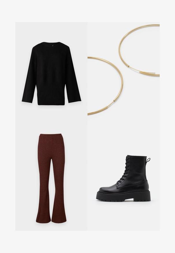 Mustvalge kudum, millel on lai ümar kaelus, pikad varrukad ja soonikkäär. Tekstuur näeb välja pehme ja veidi veniv.; Burgundia volangpüksid, mis on valmistatud pehmest ja elastsetest kangast. Sile tekstuur koos õrna heather-mustriga.; Mustad mustad nahast pahkluu saapad ümarate varvastega, nööridega esiosas ja paksu kummist talla ning tekstuuritud mustriga. Tagumine tõmbeaas.; Kulla värvi nõelad, õhukesed ja ümmargused, millel on sile metallist pind ja ilma kaunistuste või mustriteta.