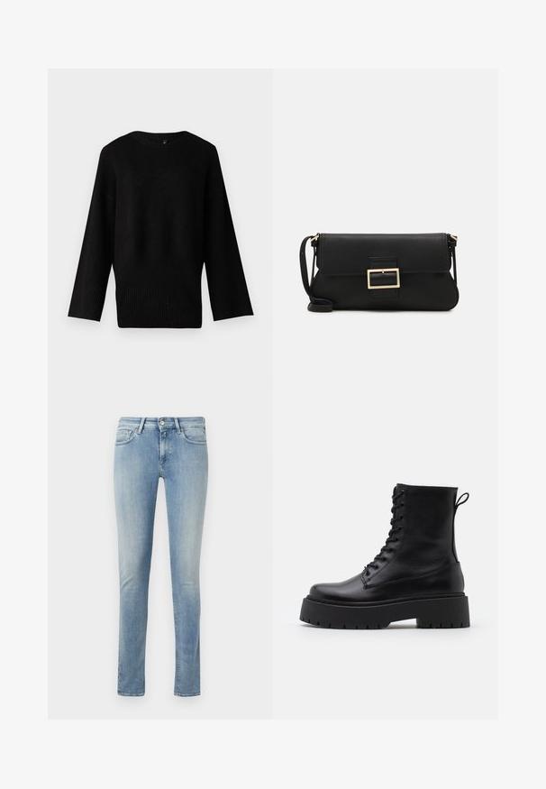 Suéter negro de punto con un escote amplio y redondo, mangas largas y dobladillo acanalado. La textura parece suave y ligeramente elástica.; Jeans de denim azul claro de corte ajustado con una cintura media, diseño de cinco bolsillos y un ligero desgaste en toda la tela.; Botas de cuero negras hasta el tobillo con punta redonda, cordones en la parte delantera y una suela de goma gruesa con un dibujo texturizado. Tirador en la parte trasera.; Bolso de mano de cuero negro con una solapa y un detalle de hebilla de metal dorado. Incluye una correa negra y un diseño elegante y minimalista.; Pendientes de aro color dorado, delgados y redondos, con un acabado metálico suave y sin adornos ni patrones.