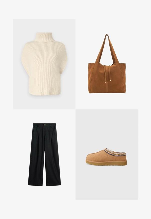 Maglione lavorato a maglia color crema con collo alto a imbuto, maniche corte e una vestibilità ampia. La texture presenta un motivo a coste in tutto il capo.; Pantaloni larghi neri con sottili righe verticali, chiusura frontale con bottone, passanti per cintura e tasche laterali, posati su uno sfondo bianco.; Scarpa slip-on in suede beige con una fodera in lana testurizzata e cuciture decorative in stile etnico attorno al colletto. Presenta una suola in gomma.; Borsa a tracolla in suede marrone con due lunghe cinghie, chiusura con cordoncino e design minimalista. Texture liscia e senza elementi hardware visibili.