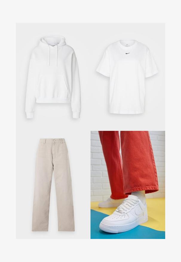Felpa bianca con cappuccio, dotata di tasca frontale, polsini e orlo a coste. Tessuto morbido e vestibilità rilassata, con cordini sul cappuccio.; T-shirt bianca in cotone con scollo rotondo, maniche corte e logo Nike nero stampato al centro del petto. Design semplice e classico.; Pantaloni beige a gamba dritta realizzati in cotone liscio. Presentano una chiusura con bottone, passanti per cintura e tasche laterali. Design semplice e pulito.; Sneaker bianco in pelle con punta perforata, suola testurizzata e lacci bianchi, abbinati a pantaloni rossi larghi e uno sfondo blu e giallo.