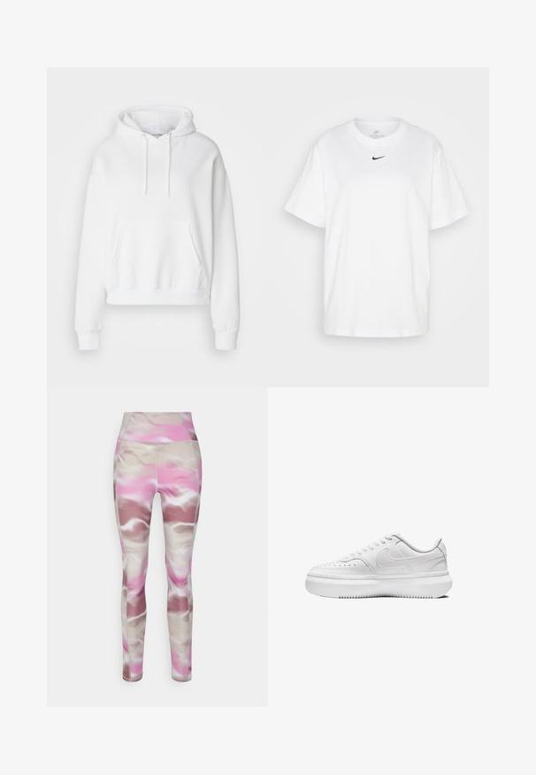 Biała, kapturowa bluza z kieszenią z przodu, ściągaczami przy mankietach i u dołu. Wykonana z miękkiego materiału, luźny krój, z sznurkami przy kapturze.; Biała bawełniana koszulka z okrągłym dekoltem, krótkimi rękawami i czarnym logo Nike nadrukowanym na środku klatki piersiowej. Prosty i klasyczny design.; Legginsy wykonane z mieszanki poliestru; falisty, abstrakcyjny wzór w kolorach różowym, beżowym i brązowym; wysoka talia z gładką, miękką fakturą.; Białe sneakersy z gładką skórzaną cholewką, okrągłym noskiem, perforowanymi detalami i grubą, białą gumową podeszwą. Posiadają logo na boku oraz płaskie sznurówki.