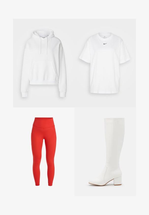 Sweatshirt blanc à capuche avec une poche avant, des poignets et un ourlet côtelés. Tissu doux et coupe décontractée, avec des cordons de serrage sur la capuche.; T-shirt en coton blanc avec un col rond, des manches courtes et un logo Nike noir imprimé au centre de la poitrine. Design simple et classique.; Leggings rouges taille haute avec une texture lisse, dotées d'une poche sur le côté et d'un petit logo au-dessus de la taille. Design ajusté.; Bottes blanches jusqu'au genou avec une finition lisse et brillante. Talon carré et détails de couture subtils sur le côté.
