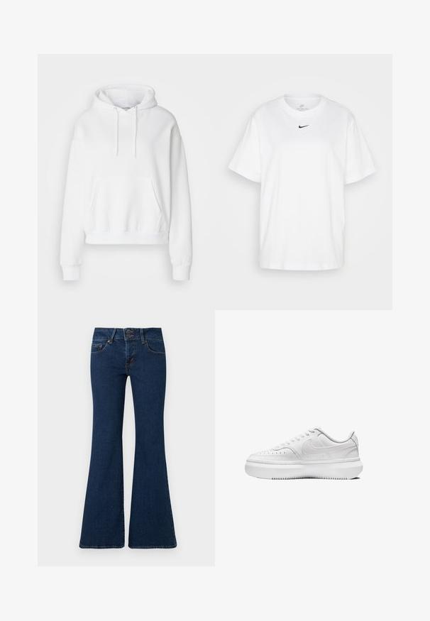 Biała, kapturowa bluza z kieszenią z przodu, ściągaczami przy mankietach i u dołu. Wykonana z miękkiego materiału, luźny krój, z sznurkami przy kapturze.; Biała bawełniana koszulka z okrągłym dekoltem, krótkimi rękawami i czarnym logo Nike nadrukowanym na środku klatki piersiowej. Prosty i klasyczny design.; Granatowe dżinsy dzwony z denimu, z zapięciem na zamek i podwójnym guzikiem, kieszeniami z przodu oraz haftowanymi detalami po bokach.; Białe sneakersy z gładką skórzaną cholewką, okrągłym noskiem, perforowanymi detalami i grubą, białą gumową podeszwą. Posiadają logo na boku oraz płaskie sznurówki.