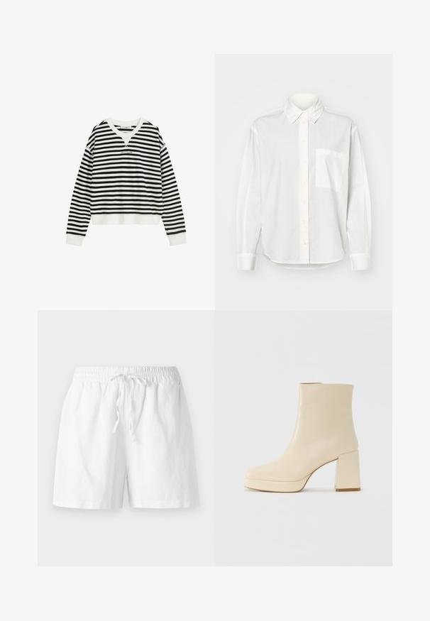 Zwart-wit horizontaal gestreepte sweatshirts met lange mouwen, geribbelde manchetten en zoom, ronde halslijn en kleine gecentreerde merktekst op de borst.; Witte langslav shirt met een button-down kraag, sluiting met knopen aan de voorkant en een borstzak aan de linkerzijde. Gemaakt van zachte stof met een ontspannen pasvorm.; Witte katoenen shorts met een elastische tailleband, trekkoorddetail en een relaxte pasvorm. Gladde textuur en knielange ontwerp.; Beige leren enkelboot met blokhak en plateauzool, gladde afwerking en licht vierkante neus, gericht naar links op een witte achtergrond.