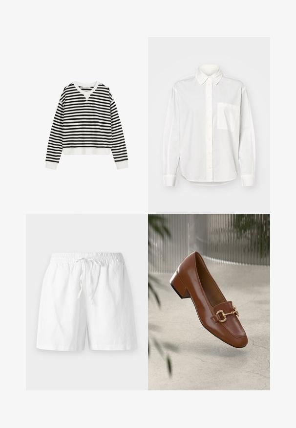 Sweatshirt à manches longues rayé noir et blanc avec des poignets et un ourlet côtelés, encolure ronde et petit texte de marque centré sur la poitrine.; Chemise blanche à manches longues avec col boutonné, fermeture à boutons à l'avant et poche poitrine gauche. Fabriquée en tissu lisse avec une coupe décontractée.; Shorts en coton blancs avec une taille élastique, des cordons de serrage et une coupe décontractée. Texture lisse et design longueur genou.; Mocassin en cuir verni marron avec un bout carré, accent de chaîne métallique et petit talon carré ; texture lisse, design minimaliste.