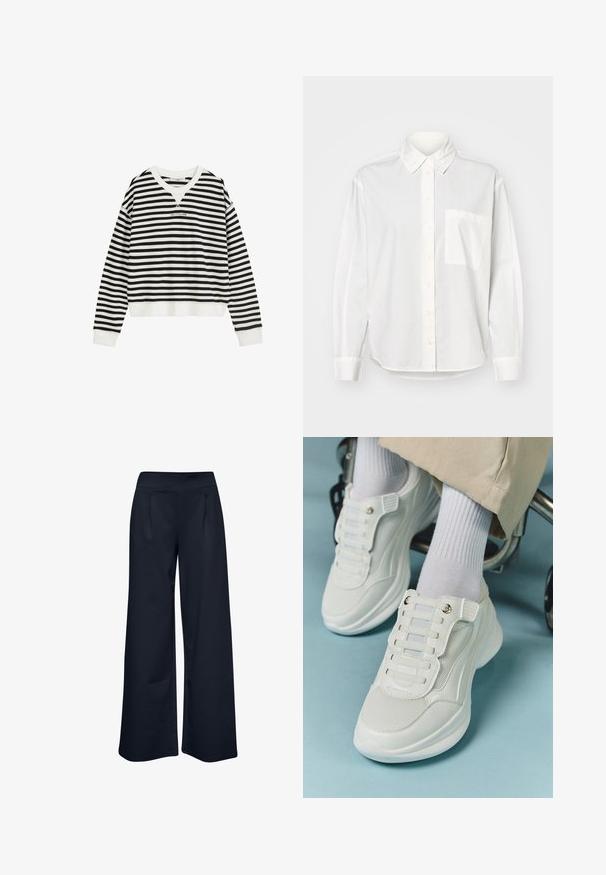 Svart och vit långärmad sweatshirt med horisontella ränder, ribbade ärmslut och nederkant, rundad halsringning och liten centrerad logotyp på bröstet.; Vit långärmad skjorta med krage som knäpps, knappstängning fram och bröstficka till vänster. Tillverkad av mjukt tyg med en avslappnad passform.; Breda byxor i elastiskt marinblått tyg, med en slät midja och två framfickor, i en avslappnad passform och hel långa design.; Vita sneakers med nätmaterial, gummisula, snörningsfri design med elastiska band och guldfärgade detaljer.