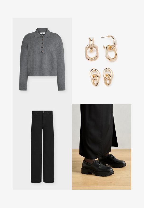 Grå cropped sweater med polo-krave, der har fem brune knapper samt ribstrikkede ærmegab og kant. Fremstillet af et blødt, tekstureret materiale.; Hvid kortærmet t-shirt med rund hals, afslappet pasform, lavet af blødt bomuldsstof. Glat tekstur, ingen mønstre eller logoer.; Sorte jeans med vide ben lavet af denim, med knaplukning og fem lommer. Glat tekstur med et rent, minimalistisk design.; Sorte lædersko med rund tå, tyk gummisål og snørebånd. Designet har dekorativ syning langs overdelen.; Guldtonede øreringe med en blanding af geometriske former: et kvadrat, en cirkel og sammenkoblede ovale designs med en poleret overflade.