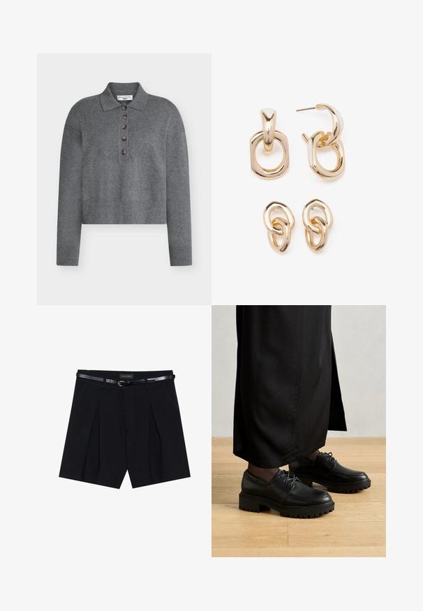 Szürke rövidített pulóver gallérral, öt barna gombbal és bordázott mandzsettával és szegéllyel. Puha, texturált anyagból készült.; Fehér, rövid ujjú póló, kerek nyakkivágással, laza szabású, puha pamut anyagból készült. Sima felület, nincs rajta minta vagy logó.; Fekete, pliszírozott nadrágshort, karcsú fekete övvel, aranycsattal. Simító anyagból készült, amely kifinomult megjelenést biztosít.; Fekete bőrcipő, kerek orral, vastag gumitalppal és fűzővel. A dizájn díszítő varrást tartalmaz a felső részen.; Aranyszínű fülbevalók, amelyek geometriai formák keverékét tartalmazzák: négyzet, kör és összekapcsolt ovális minták, fényes felülettel.