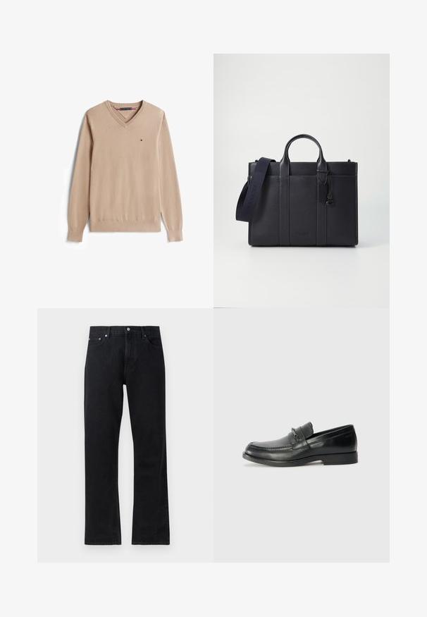 Beige V-hals trui gemaakt van zachte stof, voorzien van lange mouwen, geribbelde manchetten en een klein logo op de borst.; Zwarte denim jeans met een rechte pijpdesign, voorzien van een knoopsluiting, vijf zakkenstijl en subtiele stikseldetails.; Zwarte leren loafers met een ronde neus, met een gestikte ontwerp, een kleine voorkantriem met hardware details, en een platte rubberen zool.; Donkerblauwe leren aktetas met dubbele bovenhandgrepen en een afneembare schouderband. Kenmerkt zich door een gestructureerde afwerking, verticale stiksels en een logo-detail.