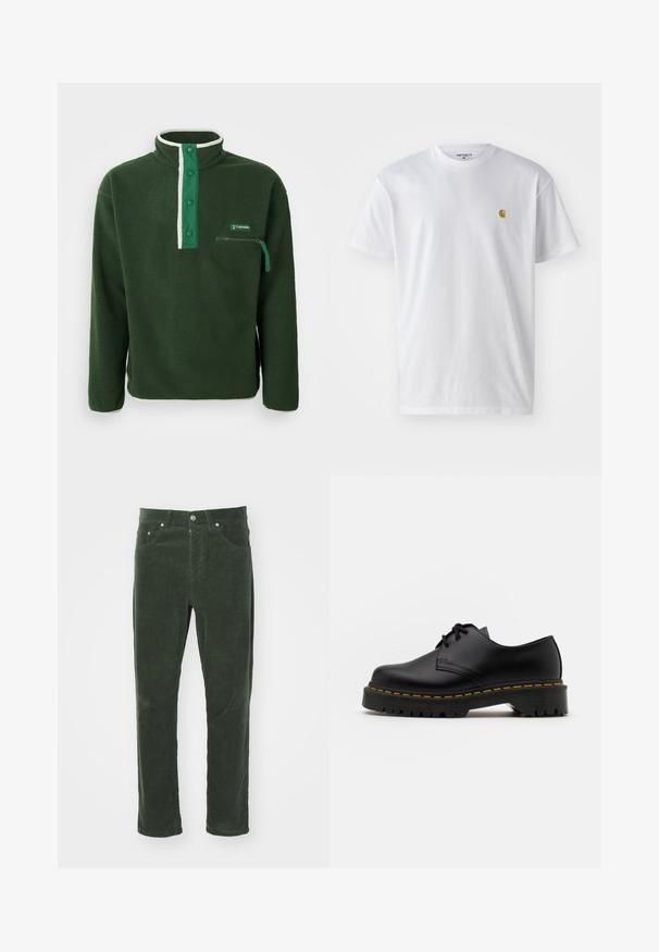 Roheline fliispullover kõrge kaelusega, kontrastsete valgete tõmblukkude, näpu nuppudega ja lukustatava rinnanäärme taskuga. Tekstuuriga kangas.; Valge puuvillane t-särk lühikeste varrukatega, ümmargune kaelus, millel on väike kuldne logo vasakul rinnal. Pehme tekstuur ja regulaarne lõike.; Roheline vaskingpüksid sirge säärega disainiga, viie taskuga, metallist nööp sulgemisega ja tekstuuriga ribaline pind.; Must musta lesti kingad ümarate varvastega, tekstureeritud kummitald ja kollane õmblus aluse ääres. Lame disain ja sile viimistlus.