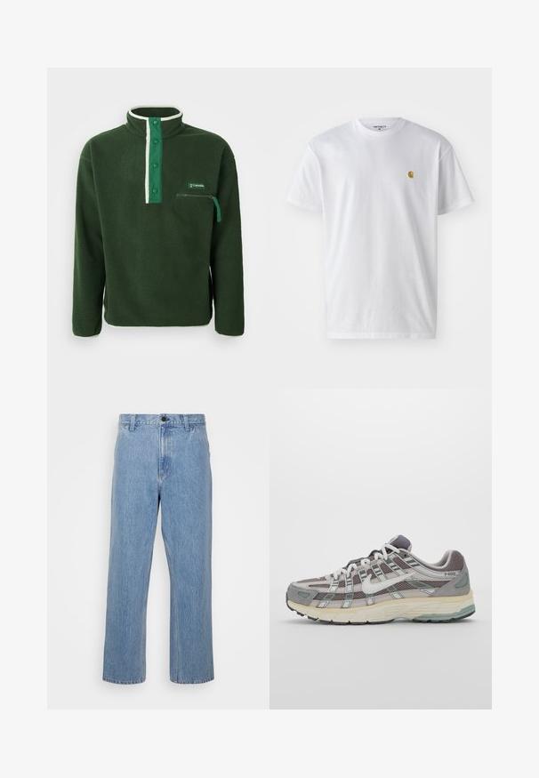 Green fleece pullover with a high collar, featuring a contrasting white zip, snap buttons, and a zippered chest pocket. Textured fabric.; White cotton t-shirt with short sleeves, crew neck, featuring a small gold logo on the left chest area. Soft texture and regular fit.; Light blue denim jeans with a straight leg cut, featuring a button closure and belt loops. The fabric has a subtle faded texture.; Gray athletic shoe featuring a mesh and suede upper, white accents, a cushioned sole, and a distinctive design with reflective elements.