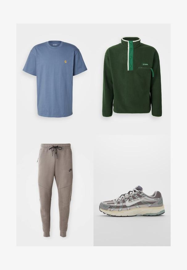 Pullover in pile verde con colletto alto, dotato di una zip bianca a contrasto, bottoni a scatto e una tasca sul petto con zip. Tessuto testurizzato.; Carhartt WIP CHASE - T-shirt basic - positano/gold; Pantaloni sportivi Nike grigi con cintura regolabile, gambe affusolate, tasche laterali e dettagli di cucitura distintivi. Tessuto morbido e texture.; Scarpa sportiva grigia con tomaia in mesh e suede, dettagli bianchi, suola ammortizzata e un design distintivo con elementi riflettenti.